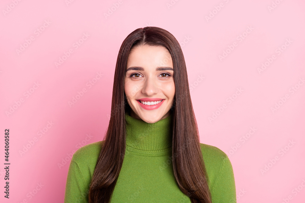 Photo of charming young pretty happy woman smile wear green turtleneck isolated on pink color background Photo of charming young pretty happy woman smile wear green turtleneck isolated on pink color background