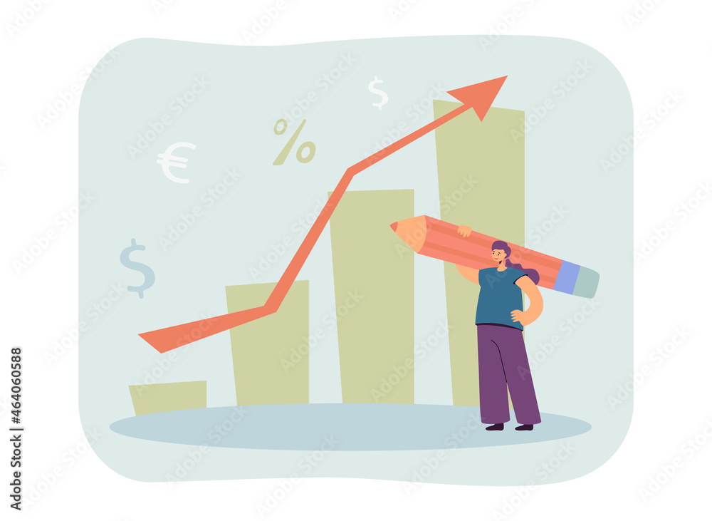 Profit graph growth and tiny analyst drawing arrows. Woman holding pencil flat vector illustration. Stock market analysis, investment success concept for banner, website design or landing web page Profit graph growth and tiny analyst drawing arrows. Woman holding pencil flat vector illustration. Stock market analysis, investment success concept for banner, website design or landing web page