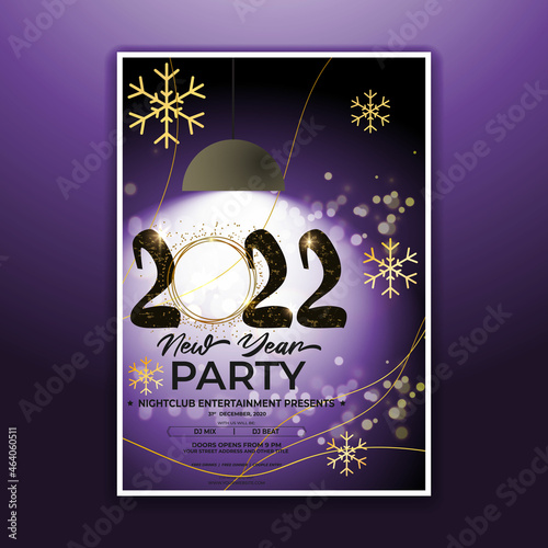 Vector illustration of New Year 2022 party invitation poster with beautiful bokeh background, New year DJ party poster , flyer, big party, free drinks, food, dj night, disco night