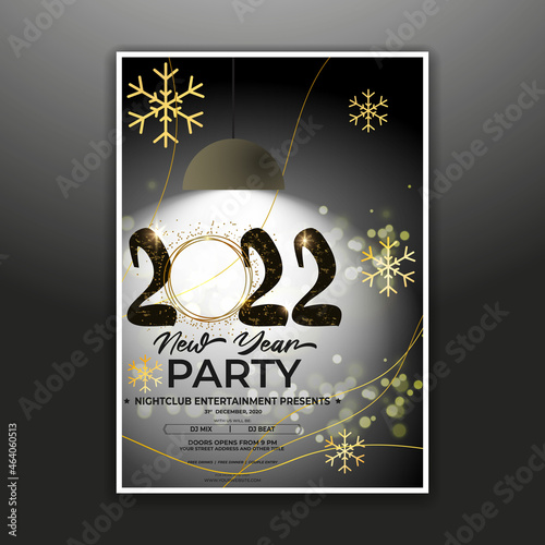 Vector illustration of New Year 2022 party invitation poster with beautiful bokeh background, New year DJ party poster , flyer, big party, free drinks, food, dj night, disco night