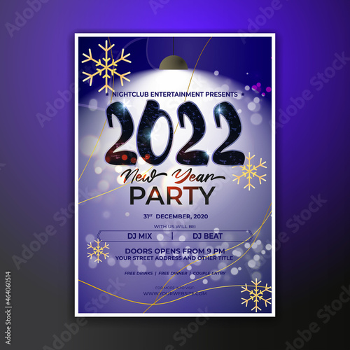 Vector illustration of New Year 2022 party invitation poster with beautiful bokeh background, New year DJ party poster , flyer, big party, free drinks, food, dj night, disco night