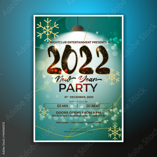 Vector illustration of New Year 2022 party invitation poster with beautiful bokeh background, New year DJ party poster , flyer, big party, free drinks, food, dj night, disco night