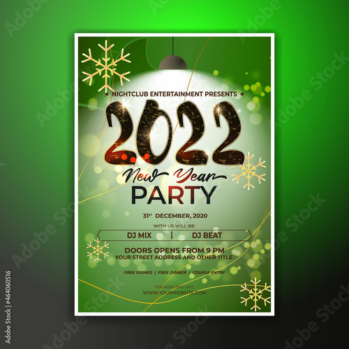 Vector illustration of New Year 2022 party invitation poster with beautiful bokeh background, New year DJ party poster , flyer, big party, free drinks, food, dj night, disco night