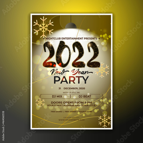 Vector illustration of New Year 2022 party invitation poster with beautiful bokeh background, New year DJ party poster , flyer, big party, free drinks, food, dj night, disco night
