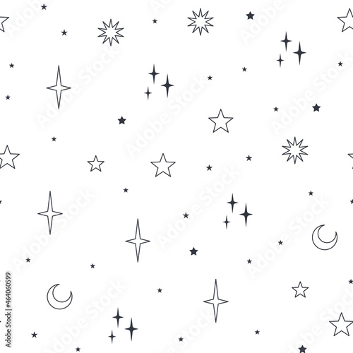 Stars seamless pattern with sun, moon. Mystical esoteric background for astrology design. Cosmos and space texture background.