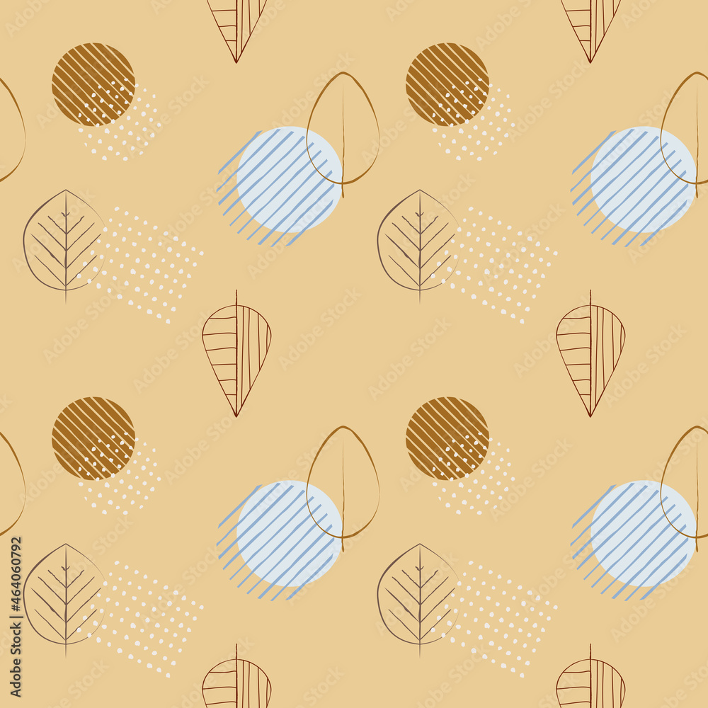 Vector botanical floral seamless pattern in retro style. Abstract leaves and shapes in 60s, 70s mid-century modern style in muted yellow, brown and blue colors. Perfect for scrapbooking, greeting card Vector botanical floral seamless pattern in retro style. Abstract leaves and shapes in 60s, 70s mid-century modern style in muted yellow, brown and blue colors. Perfect for scrapbooking, greeting card