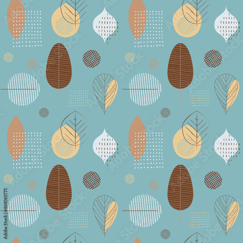 Vector botanical floral seamless pattern in retro style. Abstract leaves and shapes in 60s, 70s mid-century modern style in muted yellow, brown and blue colors. Perfect for scrapbooking, greeting card