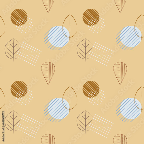 Vector botanical floral seamless pattern in retro style. Abstract leaves and shapes in 60s, 70s mid-century modern style in muted yellow, brown and blue colors. Perfect for scrapbooking, greeting card