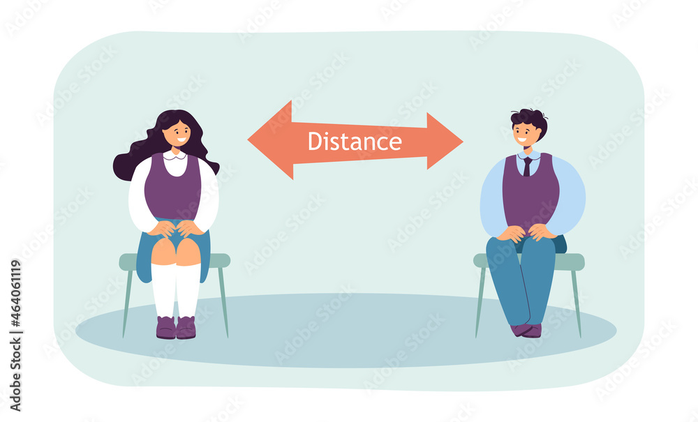 Children sitting on chairs at safe physical distance. Coronavirus protection for kids flat vector illustration. School safety, social distancing concept for banner, website design or landing web page Children sitting on chairs at safe physical distance. Coronavirus protection for kids flat vector illustration. School safety, social distancing concept for banner, website design or landing web page