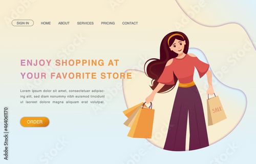 Woman with purchases. Online Shopping, Store, E-commerce, Sale concept. Vector illustration for poster, banner, commercial, promo.