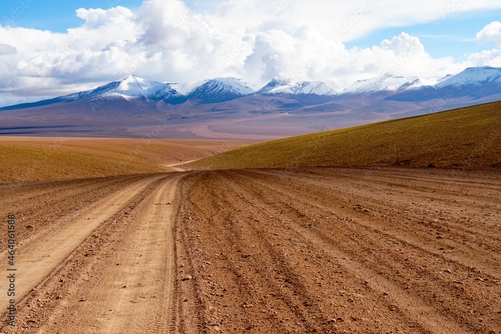 Fototapeta premium Desert view in Bolivia with snow capped volcano's in the background