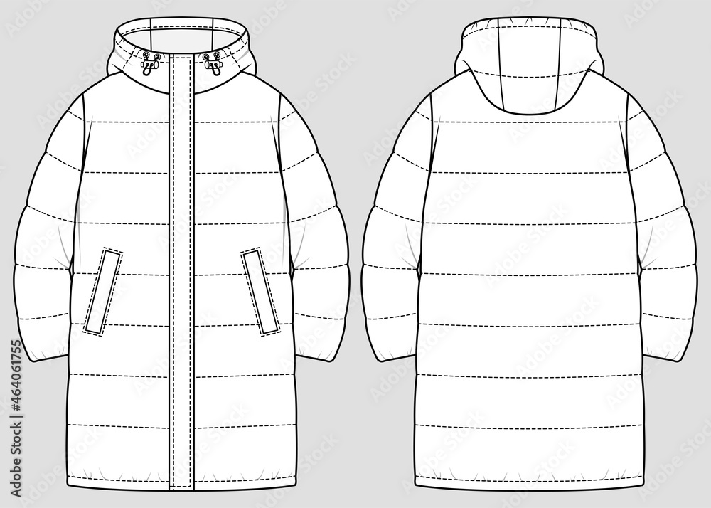 Long quilted down jacket. Padded warm jacket. Vector technical sketch ...