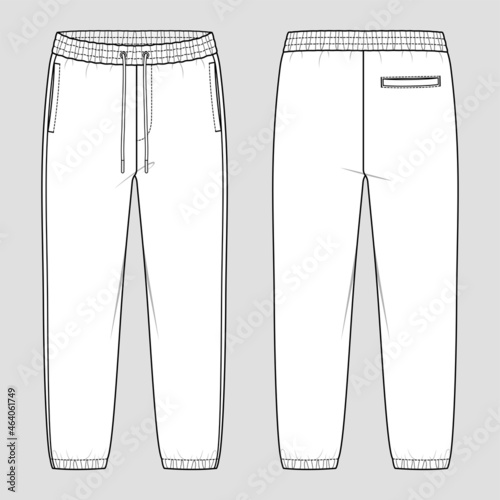 Loose fit joggers. Sweat jogger pants with an elasticated drawstring waist in a relaxed style. Men's casual wear. Vector technical sketch. Mockup template. photo