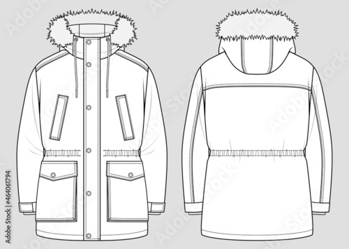 Padded winter parka. Men's oversized coat with hood and fur trim. Vector technical sketch. Mockup template. photo