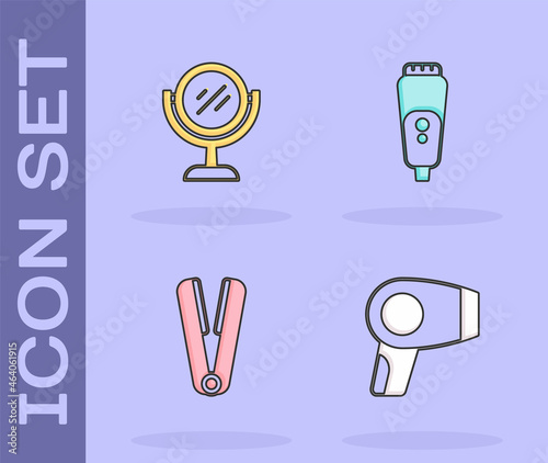 Set Hair dryer, Hand mirror, Curling iron for hair and Electric razor blade icon. Vector