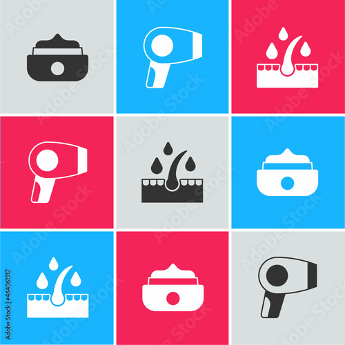 Set Gel or wax for hair styling, Hair dryer and Oil care treatment icon. Vector