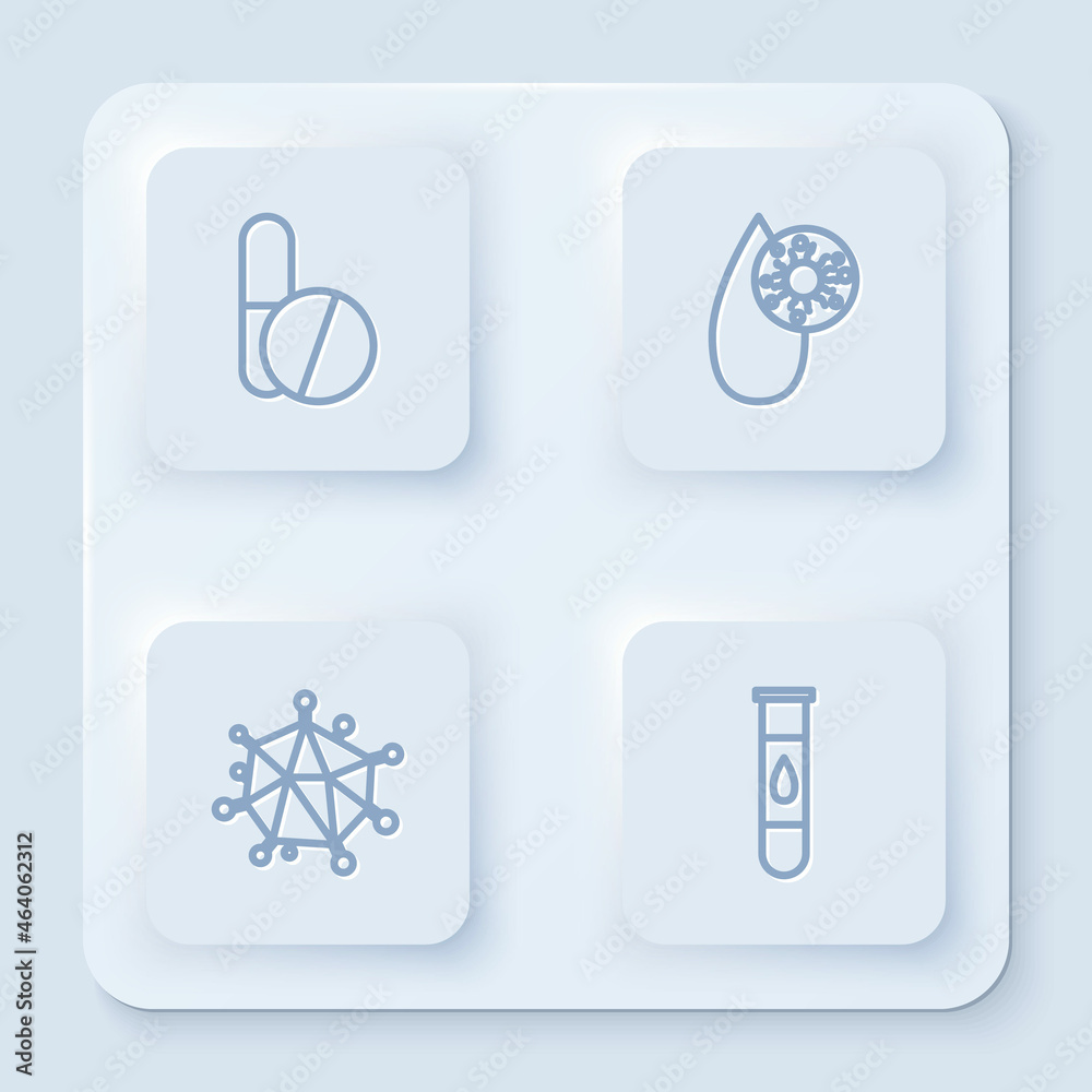 Set line Medicine pill or tablet, Blood test and virus, Virus and . White square button. Vector
