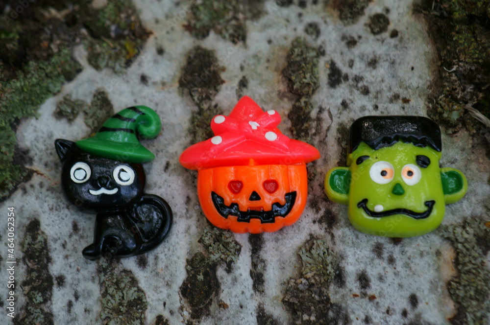 Naklejka premium Halloween-themed scenery close-up. Pumpkin, black cat and green monster.