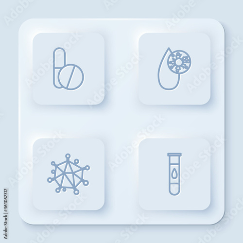 Set line Medicine pill or tablet, Blood test and virus, Virus and . White square button. Vector