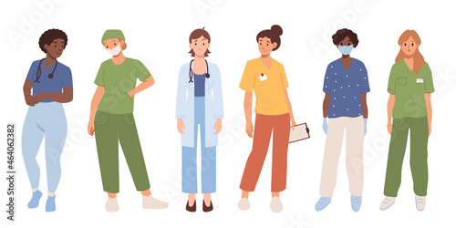 Medical consultation and support set. Female doctor with face mask and stethoscope. Healthcare services, Ask a doctor. Nurse, surgeon, therapist uniform. Medical hospital staff. Full length collection
