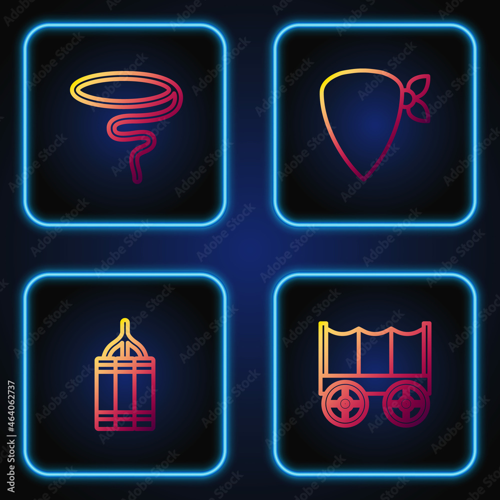 Set line Wild west covered wagon, Dynamite bomb, Lasso and Cowboy bandana. Gradient color icons. Vector Set line Wild west covered wagon, Dynamite bomb, Lasso and Cowboy bandana. Gradient color icons. Vector
