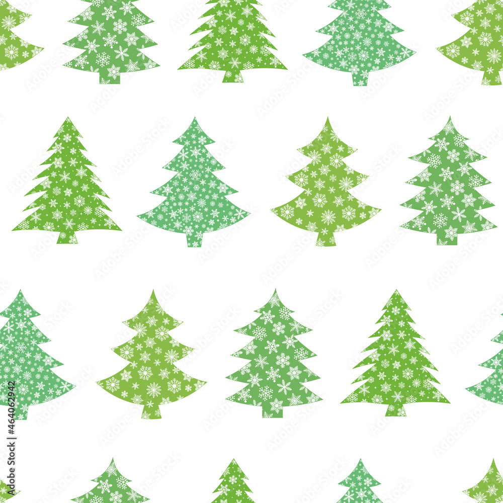 Seamless pattern Christmas trees silhouette snowflakes vector illustration
