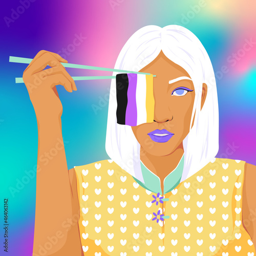 Trans person holding transgender flag with chopsticks