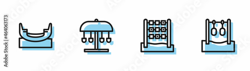 Set line Tic tac toe game, Boat swing, Attraction carousel and Gymnastic rings icon. Vector