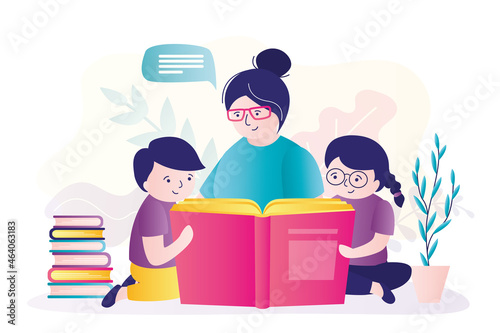 Teacher explains to students topic of textbook. Mom reads interesting book to children. Nanny with boy and girl reads storybook