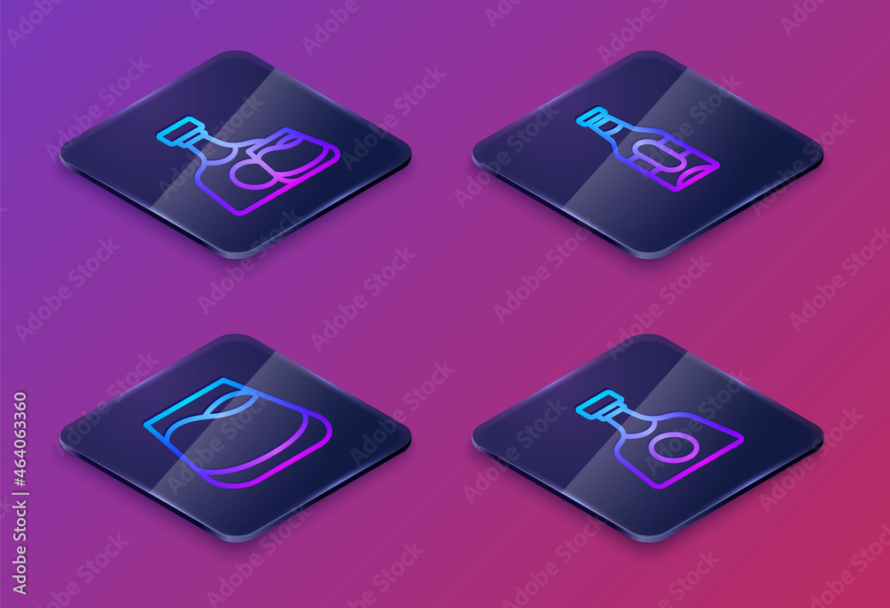 Set Isometric line Whiskey bottle and glass, Glass of whiskey, Beer and Tequila. Blue square button. Vector Set Isometric line Whiskey bottle and glass, Glass of whiskey, Beer and Tequila. Blue square button. Vector