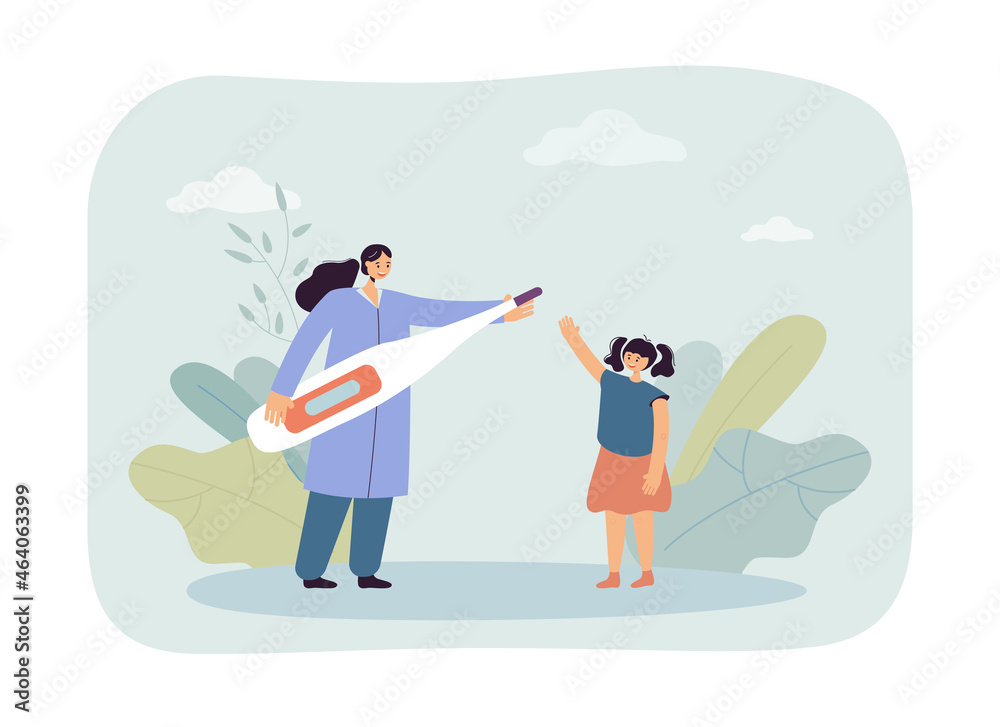 Female doctor with huge thermometer next to happy girl. Medical professional or pediatrician taking temperature of child flat vector illustration. Health, medicine, pediatrics concept for banner Female doctor with huge thermometer next to happy girl. Medical professional or pediatrician taking temperature of child flat vector illustration. Health, medicine, pediatrics concept for banner
