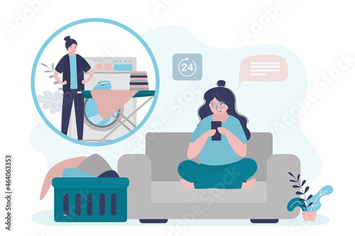 Female character gives in things to 24-hour laundry. Girl orders washing clothes via smartphone