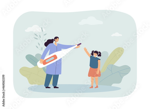 Female doctor with huge thermometer next to happy girl. Medical professional or pediatrician taking temperature of child flat vector illustration. Health, medicine, pediatrics concept for banner