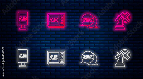 Set line Advertising, SEO optimization, and Chess. Glowing neon icon on brick wall. Vector