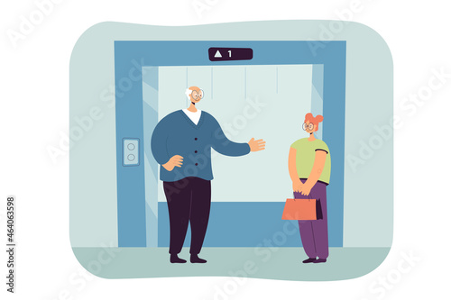 Good manners of polite elderly man and young woman. People greeting, standing at elevator door flat vector illustration. Courtesy, etiquette concept for banner, website design or landing web page