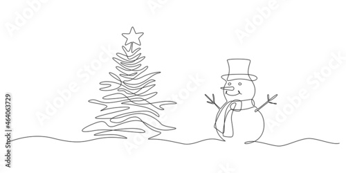 Continuous one line drawing of christmas tree and Snowman in hat with scarf. Festive Winter card in doodle style. Liner Vector illustration