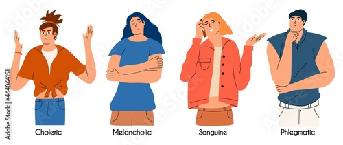 A set of people with different types of temperament. Choleric, sanguine, melancholic, phlegmatic. A collection of people with individual characters. Vector illustration in flat style photo