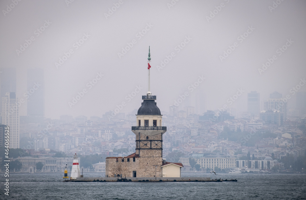 Maiden's Tower and Bosphorus in a foggy weather. istanbul, turkey,