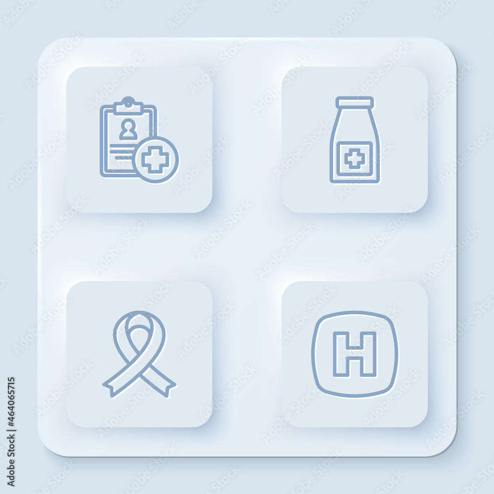 Set line Patient record, Medicine bottle and pills, Awareness ribbon and Hospital signboard. White square button. Vector Set line Patient record, Medicine bottle and pills, Awareness ribbon and Hospital signboard. White square button. Vector
