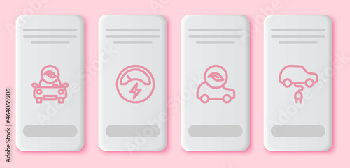 Set line Eco car, Voltmeter, and Electric. White rectangle button. Vector