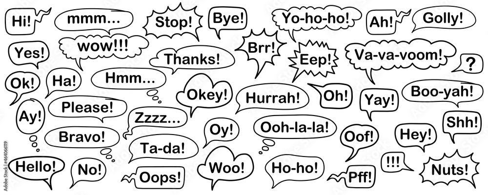 Set of speech bubbles with exclamation words isolated on white background. Emotions of joy, relief, admiration. surprise, sarcasm, boredom, requests for silence, irritation. Line in black. Vector. Set of speech bubbles with exclamation words isolated on white background. Emotions of joy, relief, admiration. surprise, sarcasm, boredom, requests for silence, irritation. Line in black. Vector.