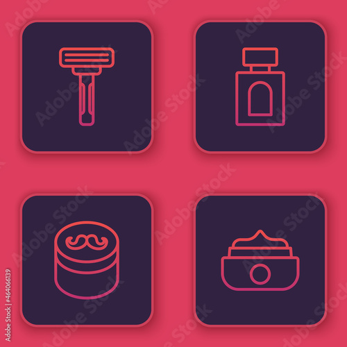 Set line Shaving razor, Gel wax for hair styling, Aftershave and . Blue square button. Vector