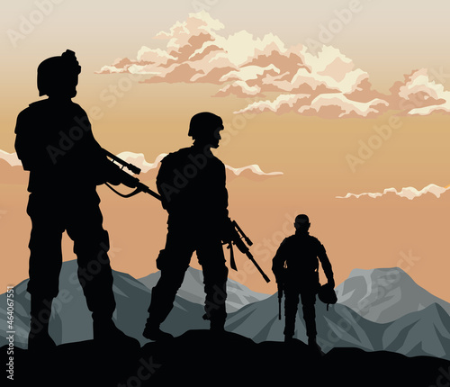 three soldiers sunset scene