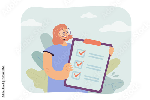 Woman holding checklist with done mark on clipboard. Girl with complete check list flat vector illustration. Business document, questionnaire concept for banner, website design or landing web page