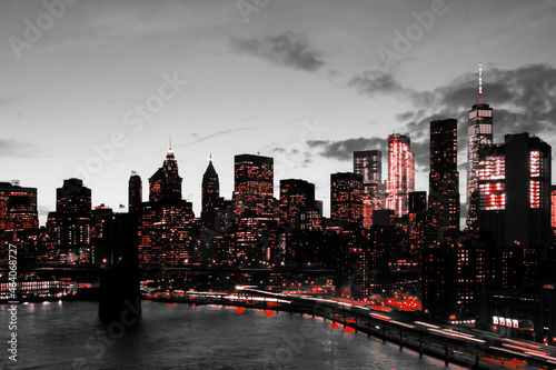 Photography Red lights of the downtown New York City skyline buildings in black and white ci