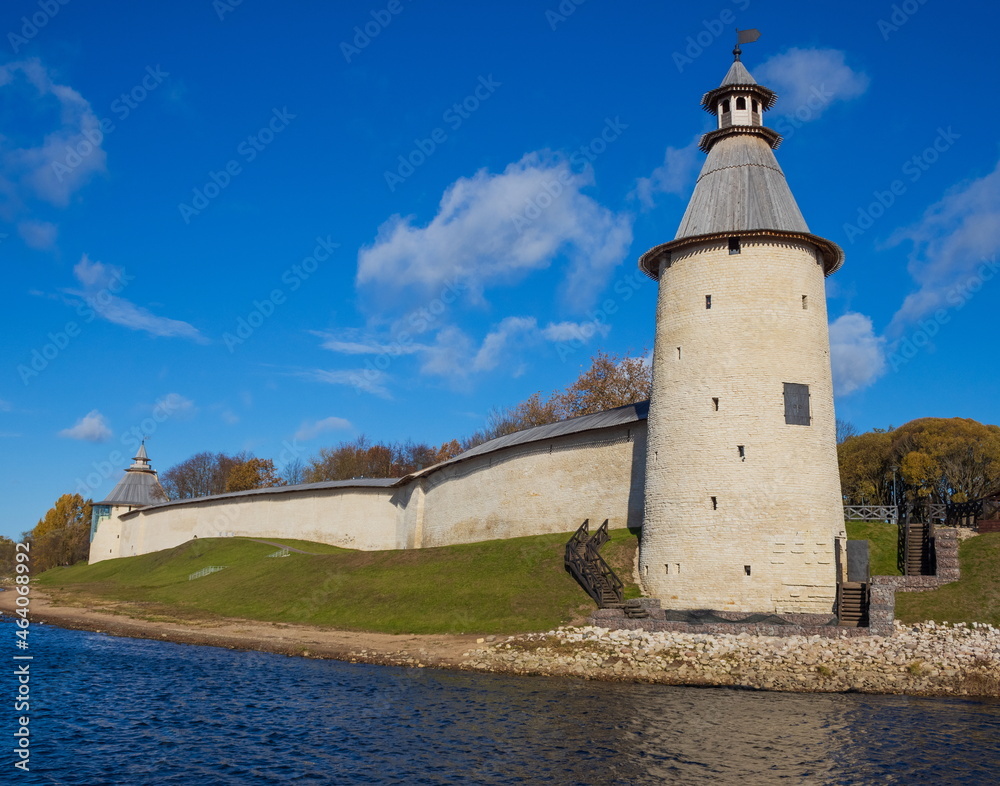The ancient Kremlin of the city of Pskov on the Velikaya River.