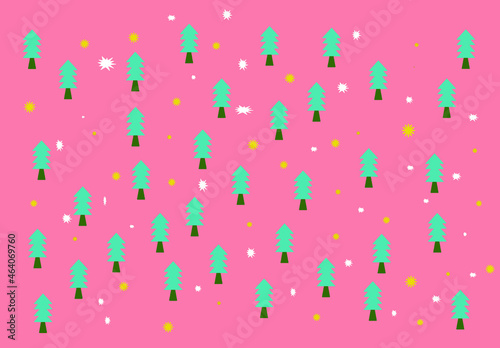 Vector illustration of Christmas tree with white and yellow stars on pink background.