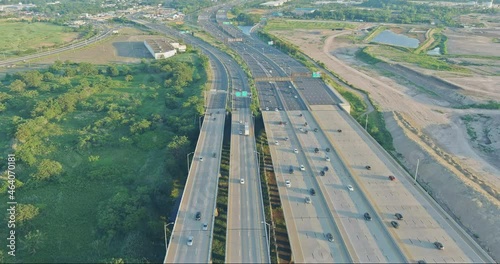 Aerial view high speed highway, with traffic road, the Alfred E. Driscoll Bridge across over the Raritan River near Sayreville town in US photo