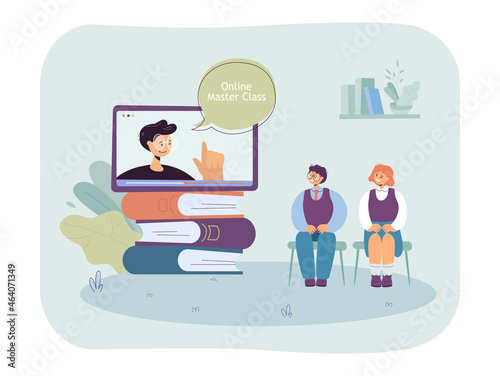 Online master class with students and tutor on phone screen. Tiny children studying from home flat vector illustration. Education, online course concept for banner, website design or landing web page