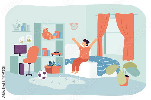 Little kid waking up in morning sunlight in home bedroom. Happy child in pajamas sitting on bed, boy stretching after waking up with yawn flat vector illustration. Daily routine, childhood concept